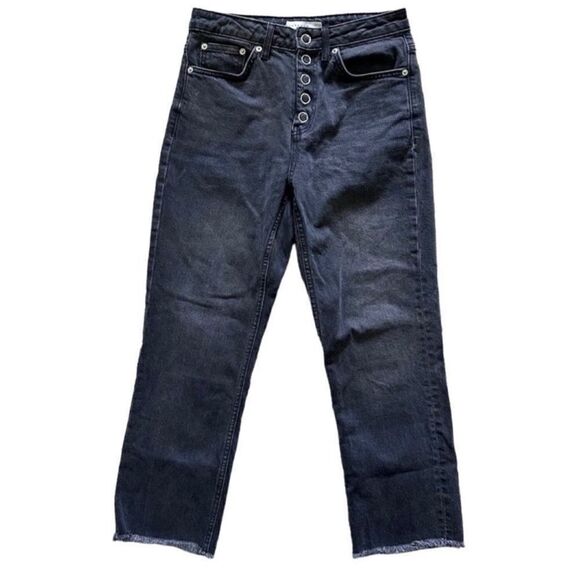 Topshop Straight Raw Hem Black Denim Popper Snap Cropped High Waist Jeans Sz 28 - Picture 1 of 10